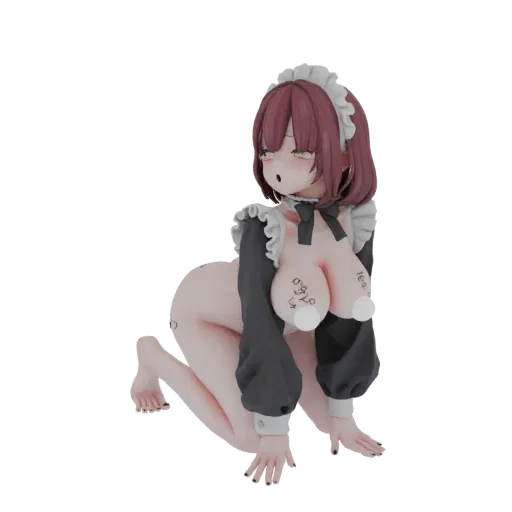3D model of an anime girl in a maid outfit, kneeling with hands on the floor, detailed character design