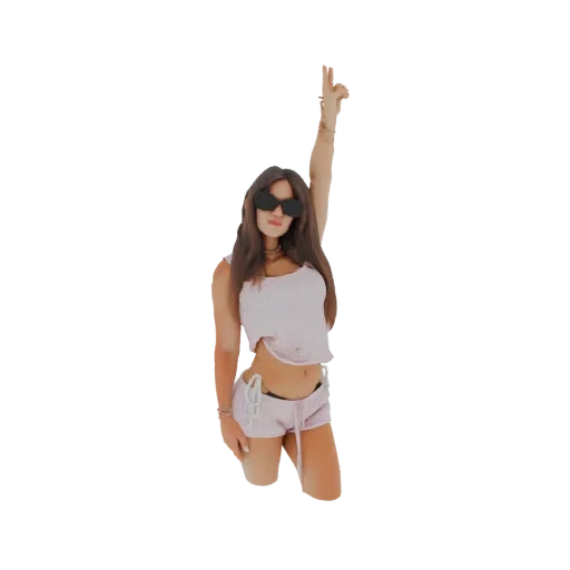 3D model of a young woman wearing a pink crop top and shorts, with sunglasses, striking a dynamic pose.