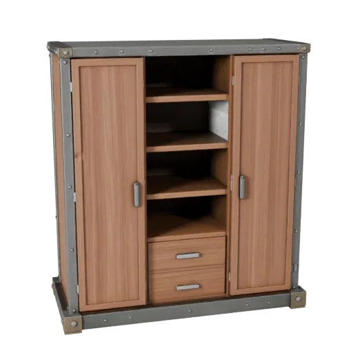 Industrial Wardrobe 3D model, bedroom, three-quarter front view, Unreal Engine viewport, painted wood detail.