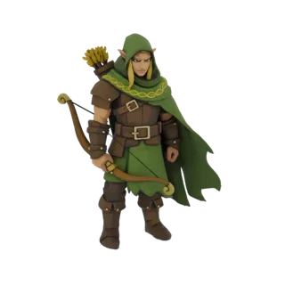 3D-Modell eines Fantasy-Elfenschützen mit einem grünen Kapuzenumhang, brauner Lederrüstung, der einen Bogen und einen Pfeilkö
