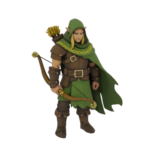 3D model of a fantasy elf archer with a green hooded cloak, brown leather armor, holding a bow and quiver of arrows.