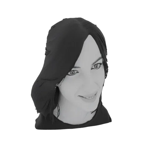 3D model preview of a stylized woman with dark hair, large eyes with a swirling pattern, and visible braces on her teeth, ren