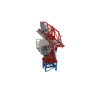 Modelo 3D de una grúa torre roja con base azul y roja, sobre fondo blanco.
