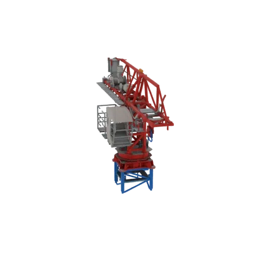 Modelo 3D de una grúa torre roja con base azul y roja, sobre fondo blanco.