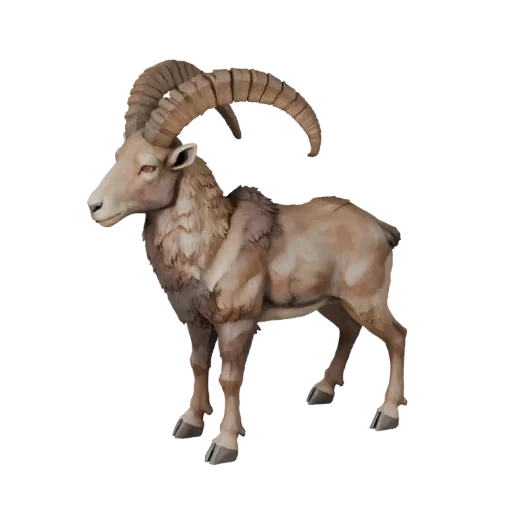 Modello 3D Ibex Low Poly, vista laterale della telecamera di gioco, asset animale low-poly con silhouette di corna o palchi,