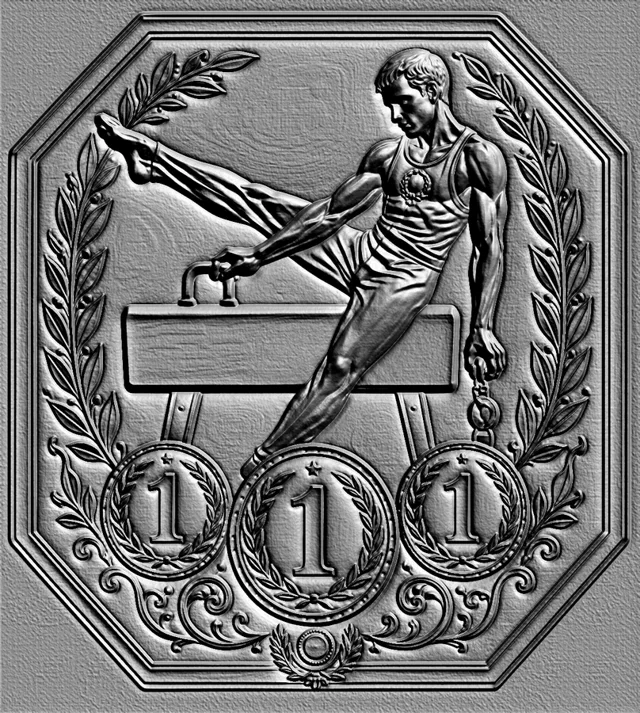 3D model of a bas-relief depicting a gymnast on a pommel horse, decorated with wreaths and medals.