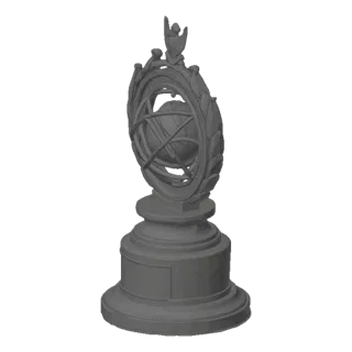 3D model of an ornate celestial orrery with a central sphere and intricate rings, mounted on a decorative base.