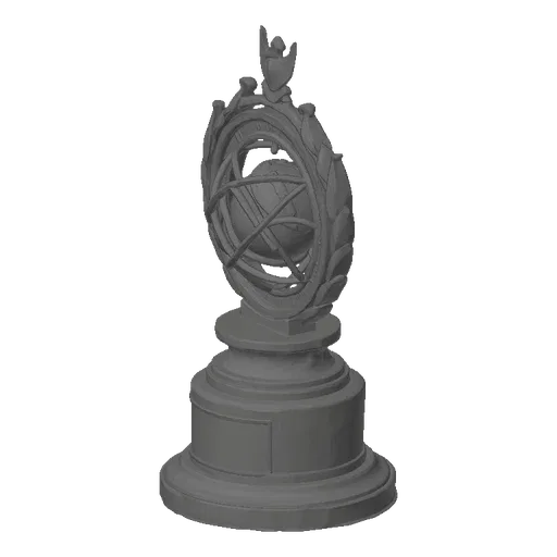 3D model of an ornate celestial orrery with a central sphere and intricate rings, mounted on a decorative base.