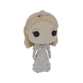 3D model of a Funko Pop figure with blonde hair, wearing a white floral dress and a pink headband.