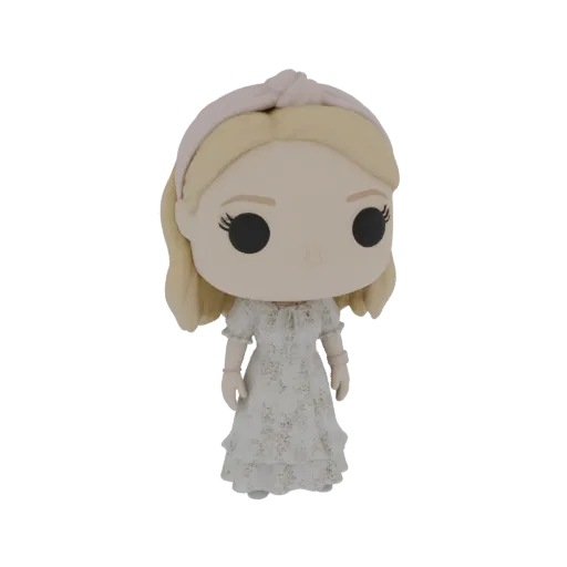 Modello 3D di una figura Funko Pop con capelli biondi, che indossa un abito floreale bianco e una fascia rosa.