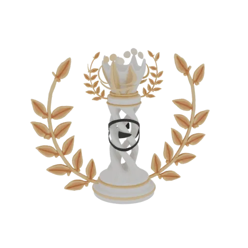 3D model of a white and gold chess piece trophy encircled by a golden laurel wreath, symbolizing victory.