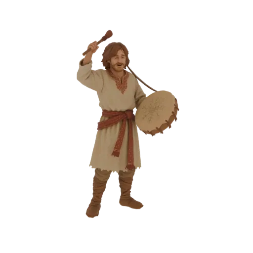 3D model of a medieval man playing a large drum with a mallet, wearing traditional clothing.