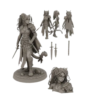 Modello 3D di una guerriera felina con orecchie da gatto, occhiali, armatura, un mantello e due spade, mostrata con component