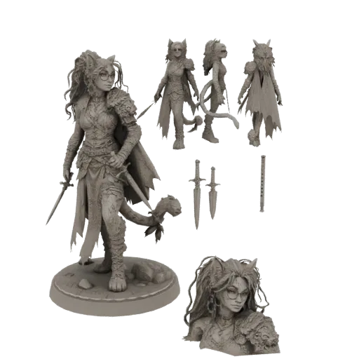 3D-Modell einer weiblichen Kriegerkatze mit Katzenohren, Brille, Rüstung, Umhang und zwei Schwertern, gezeigt mit separaten S