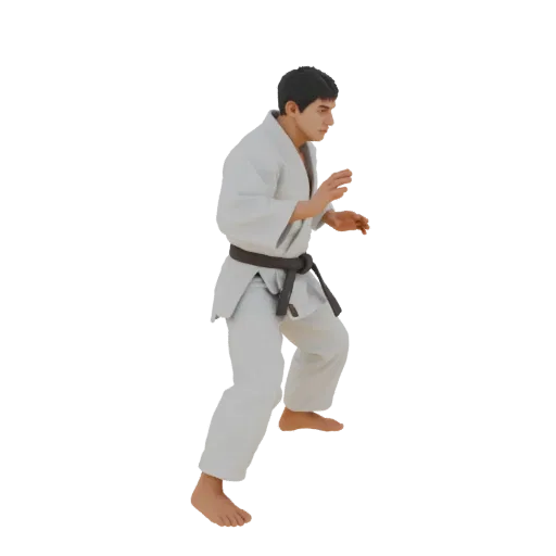 3D model of a judoka in a white kimono and black belt, standing in a fighting stance on a tatami, with a tense facial express