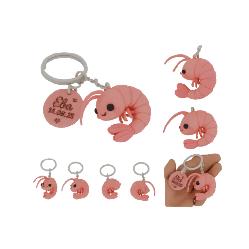 3D model of a cute pink shrimp keychain with a personalized engraved tag, shown from multiple angles and in a hand.