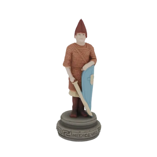Modèle 3D d'une pièce d'échecs guerrier médiéval avec épée et bouclier, sur un socle en pierre.