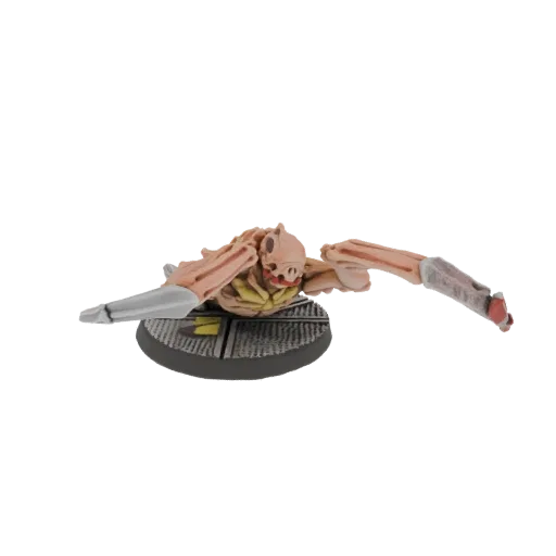 3D model of a mutant spider creature with pale flesh, multiple eyes, spindly legs, and a metallic cybernetic arm, standing on