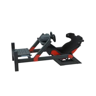 Modello 3D di un cockpit da corsa con sedile a secchiello nero, accenti rossi e volante montato su un telaio grigio scuro.