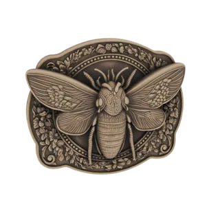 3D model of an ornate belt buckle featuring a detailed bee in the center, surrounded by floral and leaf patterns, with a bron
