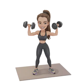 Modelo 3D de uma mulher em forma com cabelo castanho em rabo de cavalo, vestindo um top esportivo preto e leggings, levantand