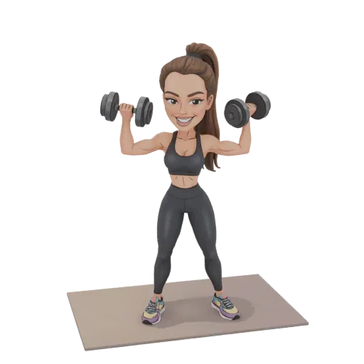 Modelo 3D de una mujer en forma con cabello castaño recogido en una coleta, vistiendo un sujetador deportivo negro y leggings