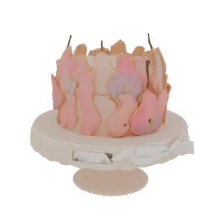 3D-Modell einer Kuchendeko mit rosa Birnenscheiben um einen weißen Kuchenboden und einer weißen Schleife.