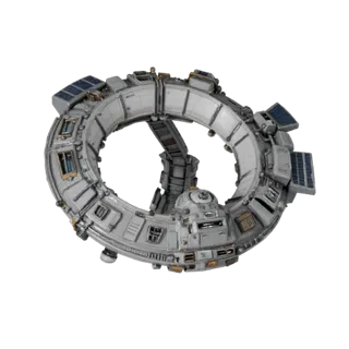 Deep Space Station Corridor Stylized 3D model, stylized isometric render, showing metal modules, modular station layout.