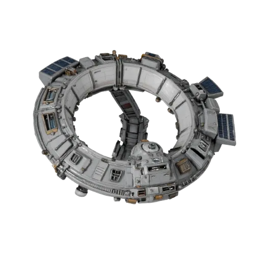 Deep Space Station Corridor Stylized 3D model, stylized isometric render, showing metal modules, modular station layout.