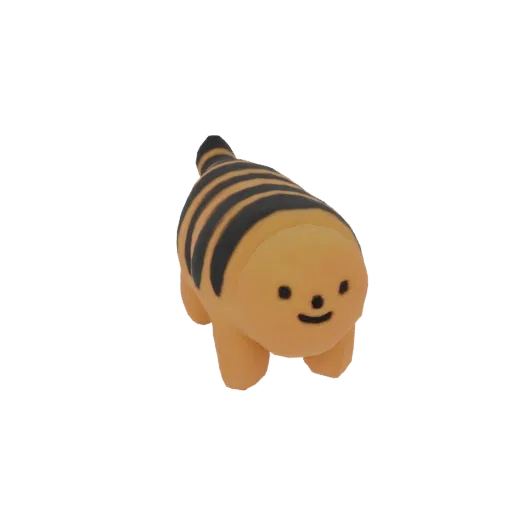 Modelo 3D de um tigre gordo e cartunesco com listras laranja e pretas e um rosto sorridente, isolado em fundo branco.