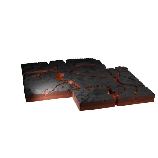 Volcanic Lava Field Chunk Unity 3D model, isometric viewport view, showing layered soil, layered vegetation clusters.