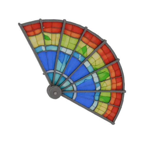 3D-Modell eines Buntglas-Fächers mit Regenbogenmuster, das leuchtende Farben und detaillierte Glastextur zeigt.