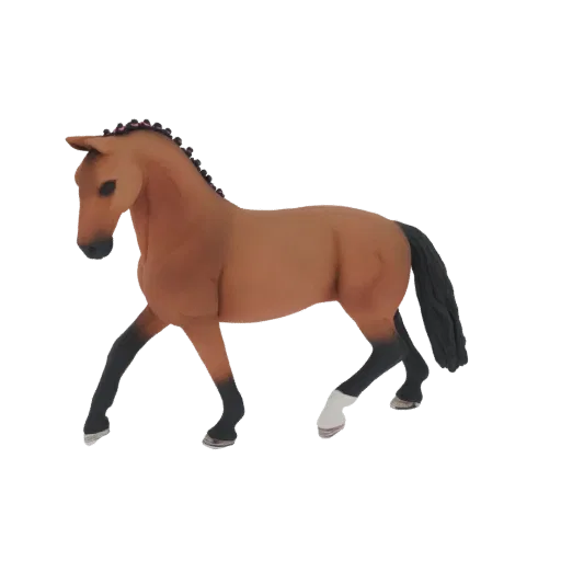 3D model of a bay horse with a dark, braided mane and tail, standing in a dynamic pose with its front left leg raised.