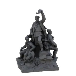 3D model of a historical monument featuring three heroic figures in dynamic poses, set on a rocky base.