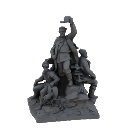 3D model of a historical monument featuring three heroic figures in dynamic poses, set on a rocky base.
