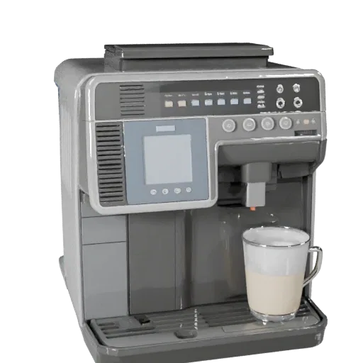 Smart Coffee Machine Stylized 3D model, dining room, stylized isometric render, plastic detail.