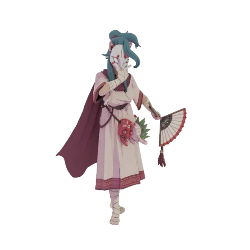 3D model of a mystic Kitsune mask dancer in traditional Japanese attire, holding a fan, with a white Kitsune mask.
