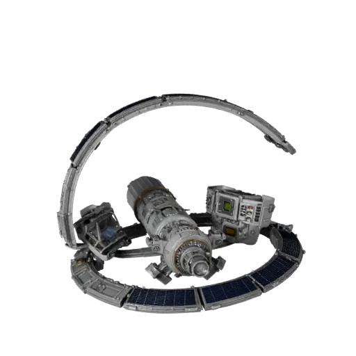 Orbital Docking Hub Realistic 3D model, three-quarter studio render, showing metal modules, modular station layout.