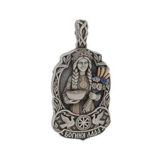 3D model of a Slavic Goddess Lada pendant, featuring her with a wreath, holding wheat and flowers, with doves and a solar sym