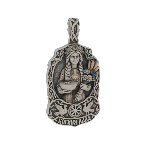 3D model of a Slavic Goddess Lada pendant, featuring her with a wreath, holding wheat and flowers, with doves and a solar sym