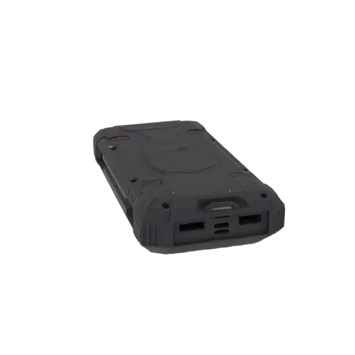 3D model of a black, rugged portable power bank with textured casing and visible USB ports.