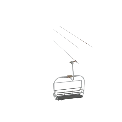 3D model of a white ski lift chair with grey seating, suspended by cables against a white background.
