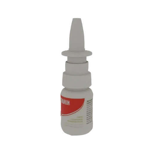 Modèle 3D d'un flacon de spray nasal blanc avec une étiquette rouge et blanche et un applicateur blanc.