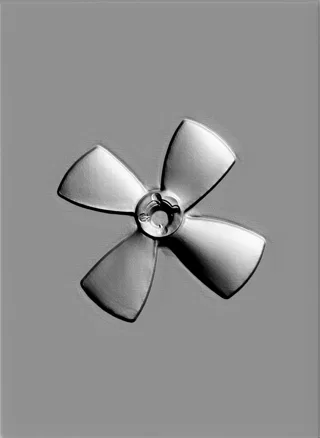 3D model of a four-blade fan bas-relief, rendered in gray with a textured relief.