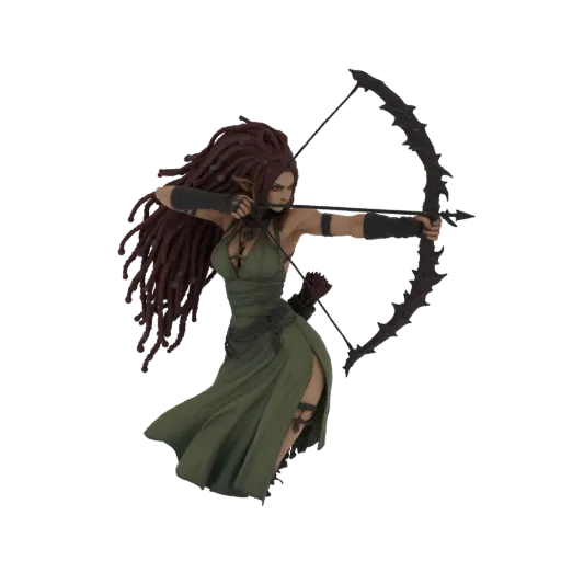 3D model of a female elf archer with long dreadlocks, wearing a green dress and aiming a jagged bow and arrow.