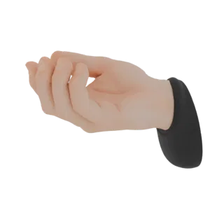 3D-Modell einer realistischen menschlichen Hand, Handfläche nach oben und kelchförmig, mit sichtbarem schwarzen Ärmel am Hand