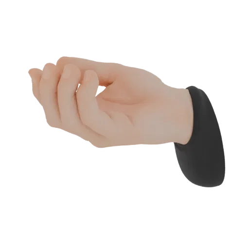 3D model of a realistic human hand, palm up and cupped, with a black sleeve visible at the wrist.