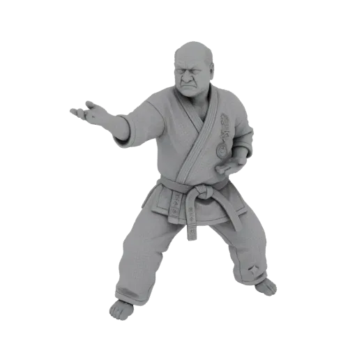 3D model of a Karate Master in a dynamic punch pose, rendered with a wireframe overlay.