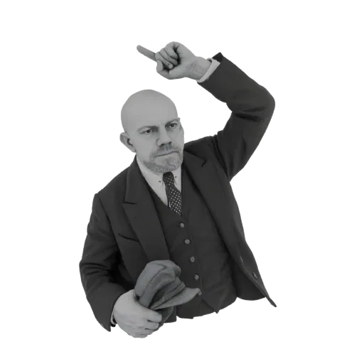 3D model of a bald man in a suit, holding a cap and pointing upwards with his index finger, rendered in grayscale.