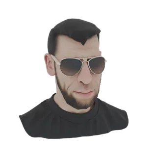 3D-Modell eines Mannes mit Bart, der eine Fliegerbrille und ein schwarzes T-Shirt trägt, von der Brust aufwärts gezeigt.